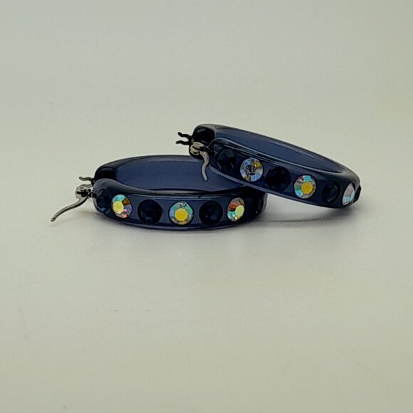 Navy blue Lucite Acrylic wide 1.5 Hoop navy blue & clear ab Fashion Earrings - Picture 4 of 4